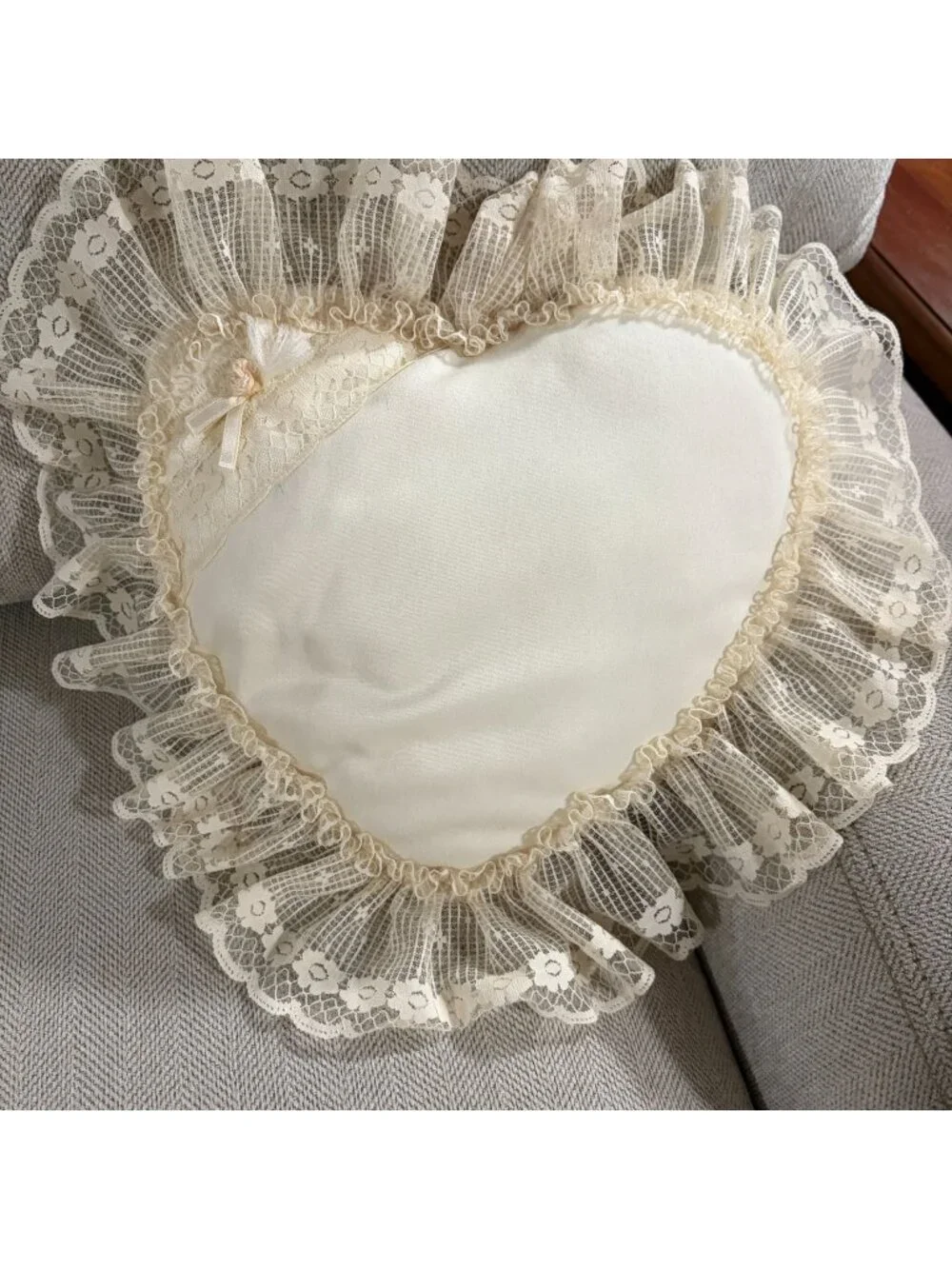 Vintage Handmade Cream Heart Throw Pillow Wide Lace Ruffle Trim Ribbon Bow